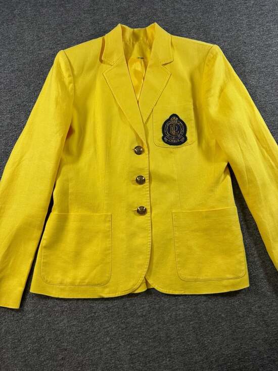 Lauren Ralph Lauren Women's Canary Yellow Crested Linen Blazer with Gold Buttons - Picture 13 of 14